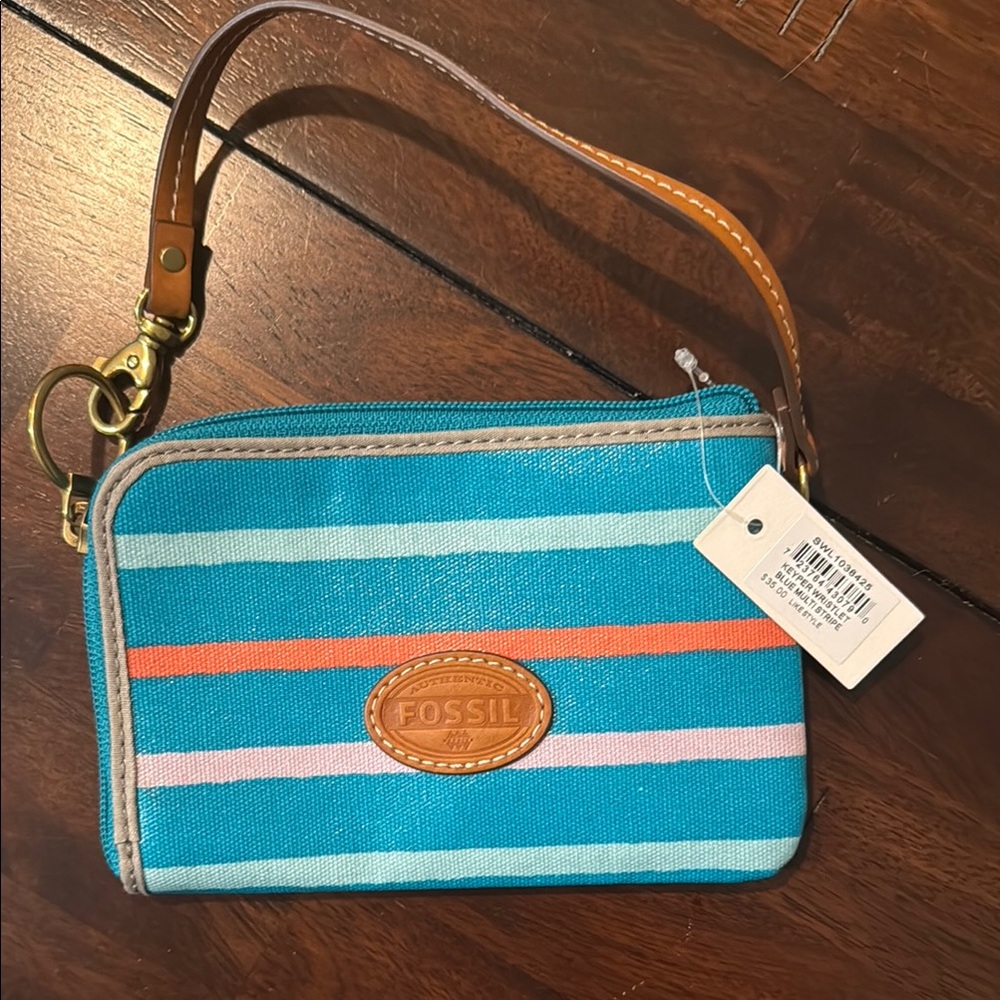 Fossil Blue and Orange Wristlet Clutch with Leather Strap